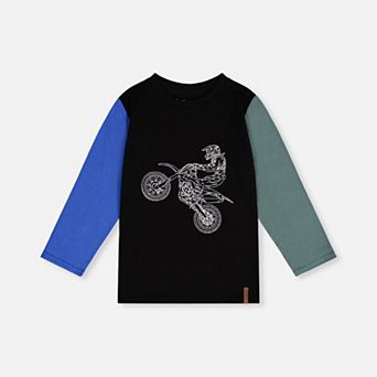 Little Kids Boy Long Sleeve T-Shirt with Glow-in-the-Dark Motorcycle Graphic