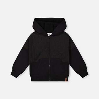Big Kids Boy Full Zip Hooded Bi-Material Cardigan with Quilted Chest Panel