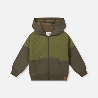 Big Kids Boy Full Zip Hooded Bi-Material Cardigan with Quilted Chest Panel