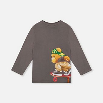Little Kids Boy Long Sleeve Organic Cotton T-Shirt with Skateboarding Bear Graphic