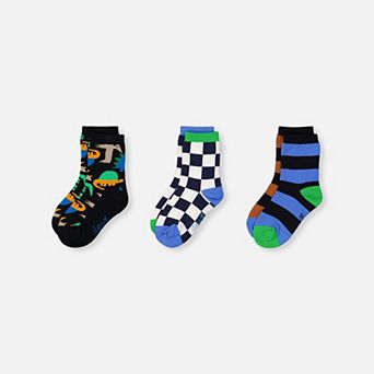 Big Kids Boy Checkered, Striped and Dinosaur Print Ribbed Cuff Socks