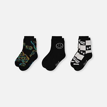 Little Kids Boy Checkered, Smiley Face and Game Controller Print Ribbed Cuff Socks