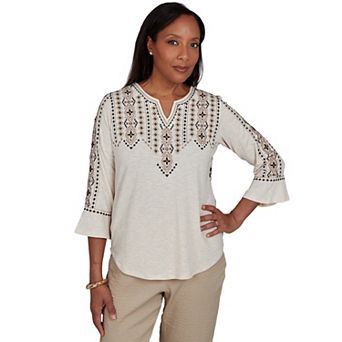 Petite Alfred Dunner Travel Advisory Geo Embroidered Printed Back Top