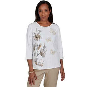Petite Alfred Dunner Travel Advisory Floral Butterfly Line Embroidered Top