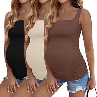 Ekouaer Maternity Tank Tops Three Pack Square Neck Pregnancy Shirts Summer Ruched Side Pregnant Top