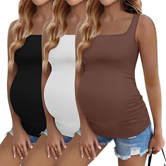 Ekouaer Maternity Tank Tops Three Pack Square Neck Pregnancy Shirts Summer Ruched Side Pregnant Top