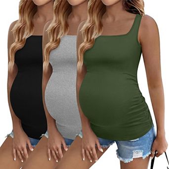 Ekouaer Maternity Tank Tops Three Pack Square Neck Pregnancy Shirts Summer Ruched Side Pregnant Top