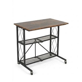 3 tier Folding Mobile Computer Desk, No Assembly Metal Shelf for Study Kitchen Living Room
