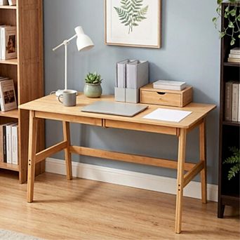 46" Compact Computer Desk with 2 Drawers Solid Home Office Study Writing Desk for Small Spaces
