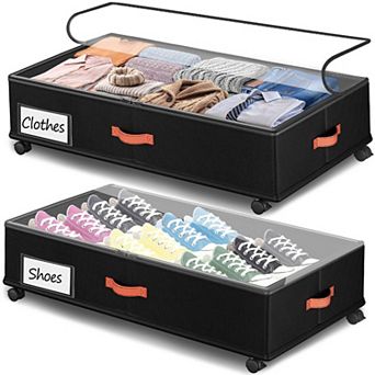 66L 2 Pack Under Bed Storage Bins With Wheels Clear Lids Rolling Organizers
