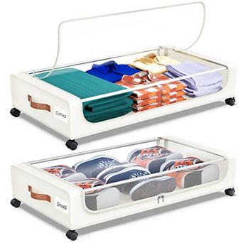 XXL 60L Under Bed Storage Bins with Wheels Clear Lid Handles 2 Pack