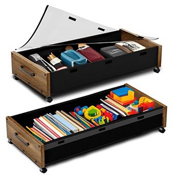 2 Pack Wooden Underbed Storage Organizer with Wheels Removable Lid