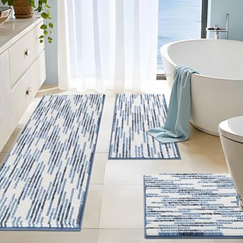 3 pc Non Slip Chenille Bathroom Rug Set Ultra Soft Absorbent Striped Design Machine Washable