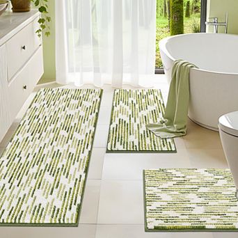 3 pc Non Slip Chenille Bathroom Rug Set Ultra Soft Absorbent Striped Design Machine Washable