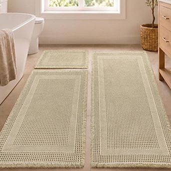 3 pc Boho Waffle Bath Mat Set Non Slip Super Absorbent Quick Dry Machine Washable