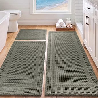 3 pc Boho Waffle Bath Mat Set Non Slip Super Absorbent Quick Dry Machine Washable
