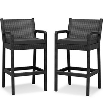 2 Pack Outdoor Wicker 30 Inch Bar Stools with Cushions for Backyard Garden Pool Balcony Deck