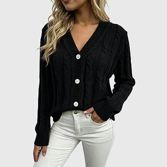 Fall Cardigans for Women Casual Chunky Cable Knit v Neck Button Up Long Sleeve Winter Sweater