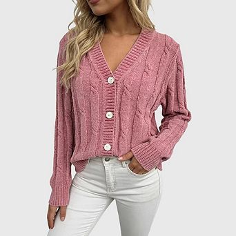 Fall Cardigans for Women Casual Chunky Cable Knit v Neck Button Up Long Sleeve Winter Sweater