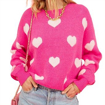 Cute Pink Heart Sweater for Women Knitted Love Tops Holiday Crewneck Long Sleeve Pullover Outfits