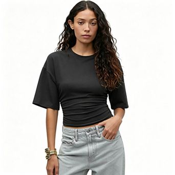 Women's Crew Neck Half Sleeve Crop T‑Shirt, Side Ruched Waist Casual Slim Fit Cropped Top