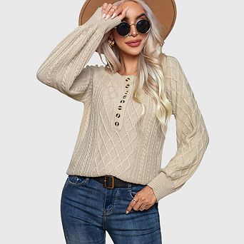 Women Button Up Long Sleeve Sweater Pullover Crew Neck Business Casual Henley Shirts Outfits