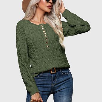 Women Button Up Long Sleeve Sweater Pullover Crew Neck Business Casual Henley Shirts Outfits