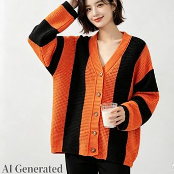 Women's Striped Open Front Cardigan Sweaters v Neck Button Up Long Sleeve Color Block Knit Outerwear
