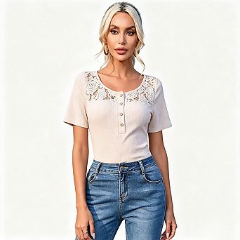 Seoria Short Sleeves Henley Shirts Floral Trim Textured Tops