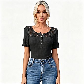 Seoria Short Sleeves Henley Shirts Floral Trim Textured Tops