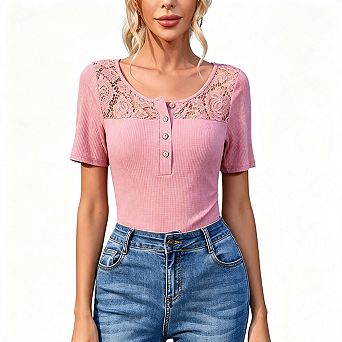 Seoria Short Sleeves Henley Shirts Floral Trim Textured Tops