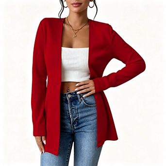 Women's V Neck Open Front Knit Blazer Long Sleeve Single Button Fitted Casual Jacket