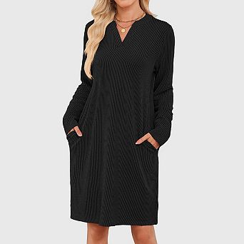 Womens Fall Winter Dresses Casual Long Sleeve v Neck Textured Loose Fit Shift Dress with Pockets
