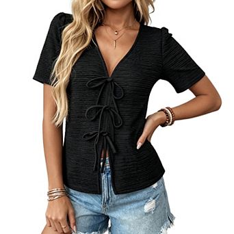Women's V-Neck Textured Short Sleeve Top Front Tie Bow Crinkle Knit Casual Top
