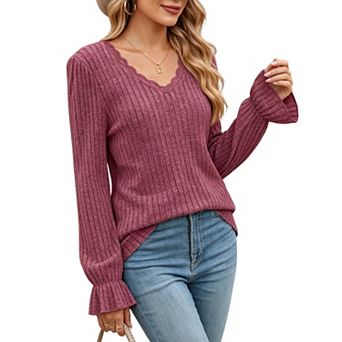 Women's Scalloped V Neck Bell Long Sleeve Top Casual Solid Ribbed Knit Top