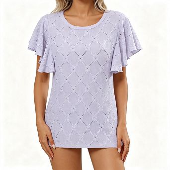 Seoria Short Sleeves Crewneck Tops Hollow Pattern Tunics