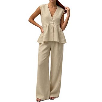 Women 2 pc Outfit Set Sleeveless V Neck Swing Vest Top Wide Leg Long Pants Elegant Casual Wear