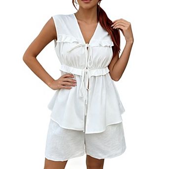 Women 2 pc Short Set Sleeveless Ruffle Tie Front Top Loose Casual Shorts Vacation Beach Outfit
