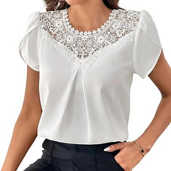 Women Hollow Lace V Neck Puff Short Sleeve Pleated Casual Chiffon Blouse Top