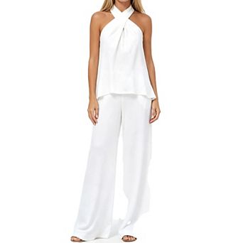 Women 2 pc Matching Outfit Halter Neck Sleeveless Top Wide Leg Long Pants Elegant Dressy Set