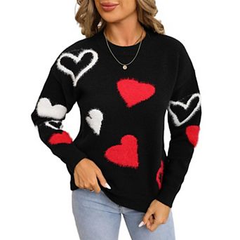 Women's Pullover Sweaters Loose Long Sleeve Crew Neck Knit Sweatshirt Casual Cute Heart Tops