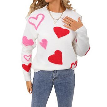 Women's Pullover Sweaters Loose Long Sleeve Crew Neck Knit Sweatshirt Casual Cute Heart Tops