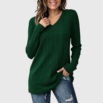 V Neck Long Sleeve Shirts for Women Casual Fall Loose Fit Lightweight Sweaters Tunic Tops