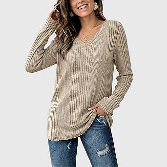 V Neck Long Sleeve Shirts for Women Casual Fall Loose Fit Lightweight Sweaters Tunic Tops