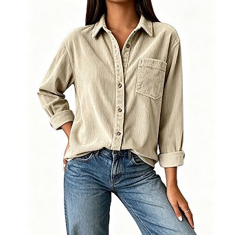Women's Collared Long Sleeve Button Front Corduroy Relaxed Fit Casual Shirt