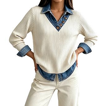 Women's Collared V Neck Long Sleeve Vertical Ribbed Knit Denim Button Casual Pullover Top