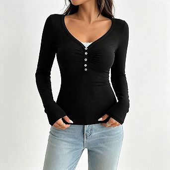 Seoria Henley V Neck Ruched Long Sleeves Slim Fit Tops Shirts