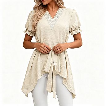 Seoria V Neck Tie Waist Handkerchief Hem Short Sleeves Tunics Tops