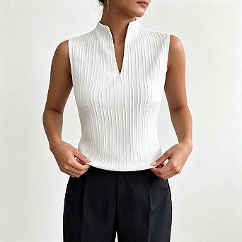 Seoria Notch V Neck Sleeveless Work Tops Office Blouses Shirts