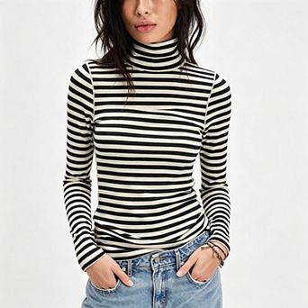 Seoria Striped Turtleneck Long Sleeves Slim Fit Tops Shirts
